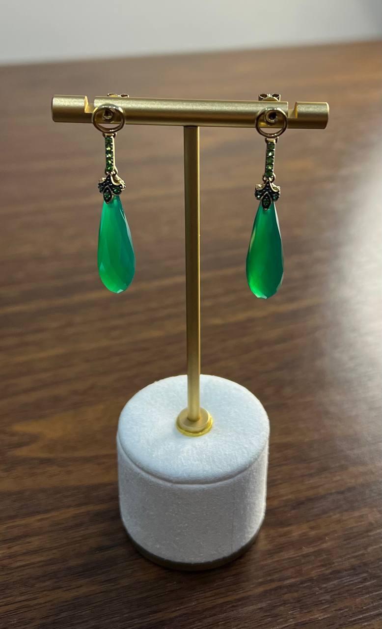 Pendientes Cuarzo Briolette Lágrima Verde Oscuro Pendientes Gota Diamante Oro 14K Moderno en venta