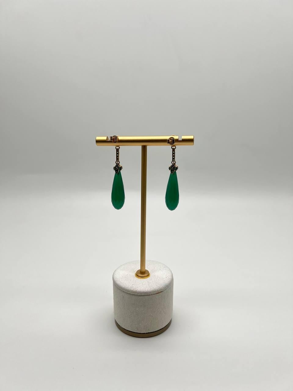 De las mujeres Pendientes Cuarzo Briolette Lágrima Verde Oscuro Pendientes Gota Diamante Oro 14K en venta