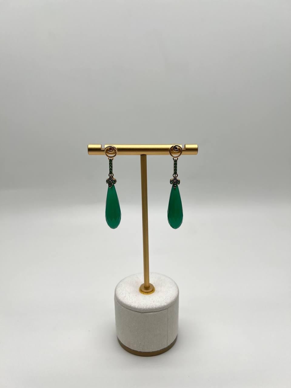 Pendientes Cuarzo Briolette Lágrima Verde Oscuro Pendientes Gota Diamante Oro 14K en venta 2