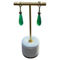 Dark Green Teardrop Briolette Quartz Earrings Diamond 14K Gold Drop Earrings