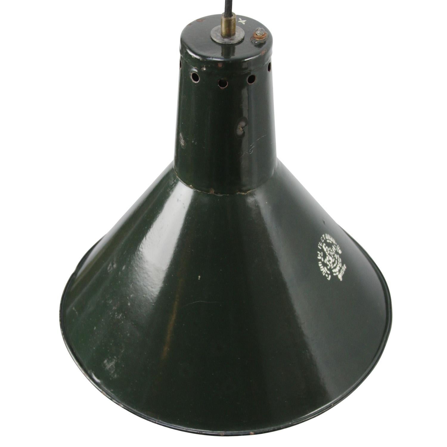 Dark green enamel factory pendant from the Ukraine.
White interior.

Weight: 2.0 kg / 4.4 lb

Priced per individual item. All lamps have been made suitable by international standards for incandescent light bulbs, energy-efficient and LED bulbs.