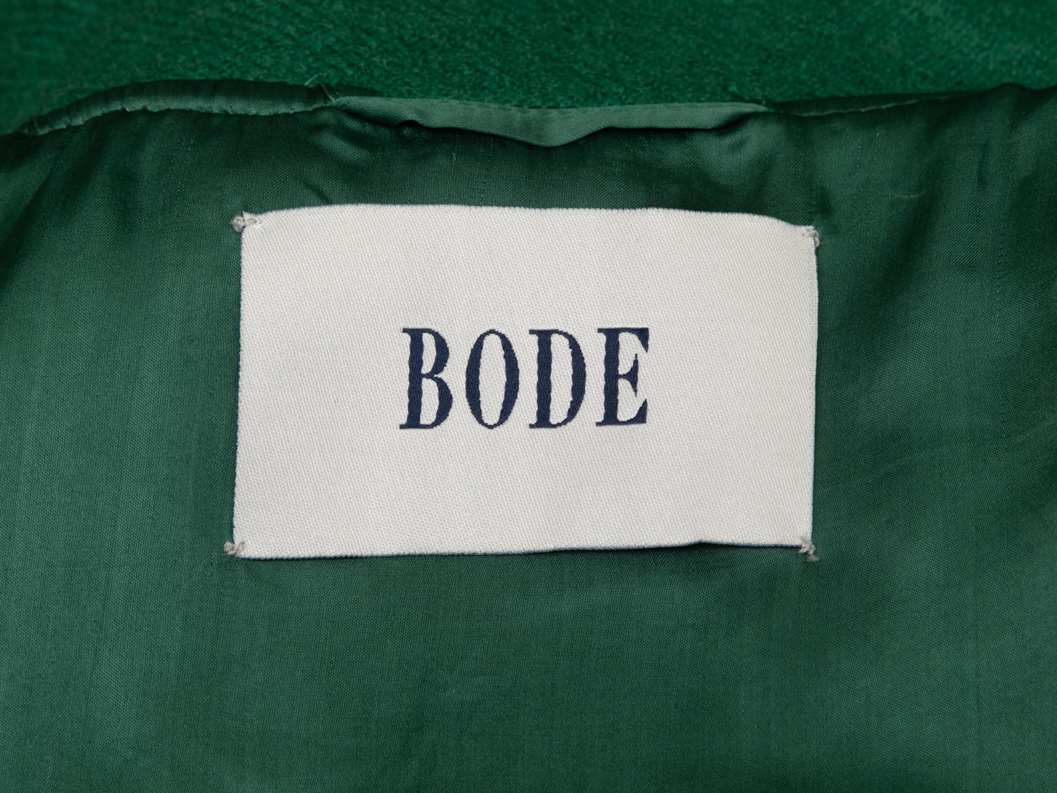 Dark green and white Garfield Downs merino wool blanket coat by Bode. Pointed collar. Dual hip pockets. Button closures at center front. Designer size M/L. 44
