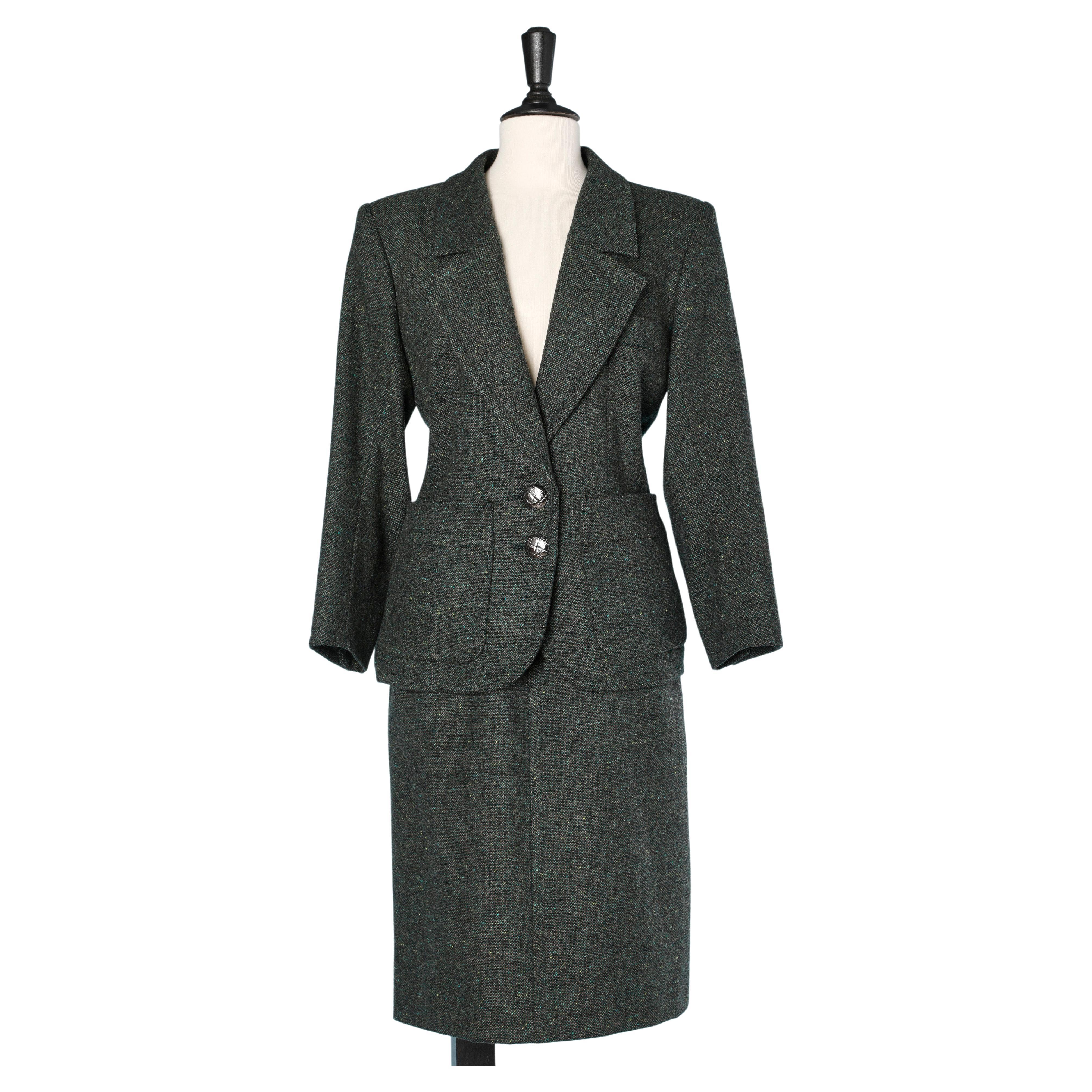 Dark green wool tweed skirt-suit Yves Saint Laurent Rive Gauche Circa 1980's  For Sale