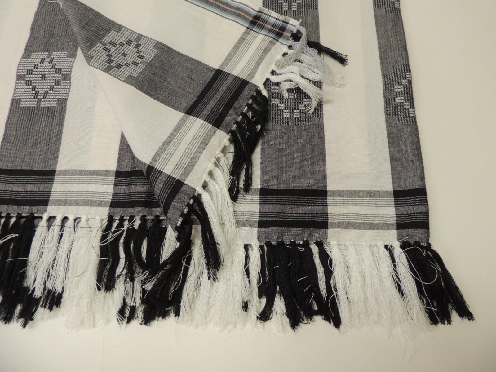 Modern Dark Grey and White Stripe Textile with Hand Knotted Tassels