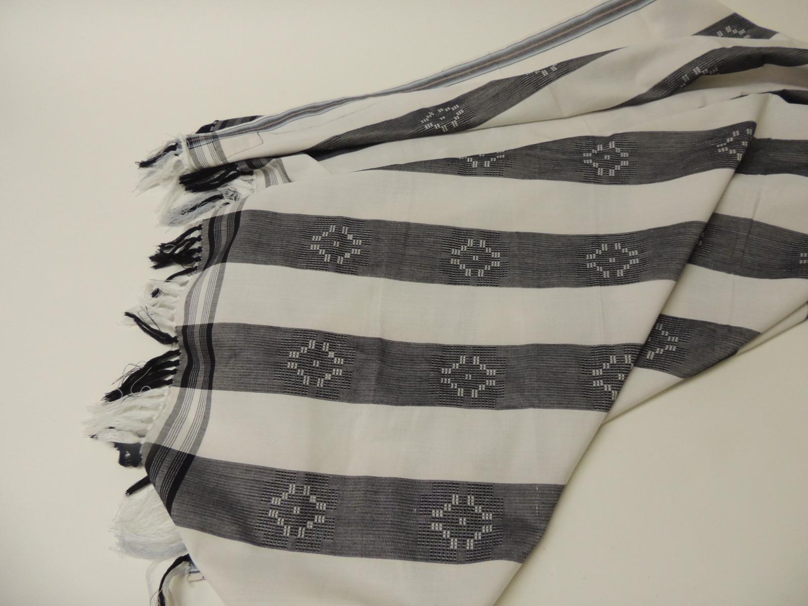 European Dark Grey and White Stripe Textile with Hand Knotted Tassels
