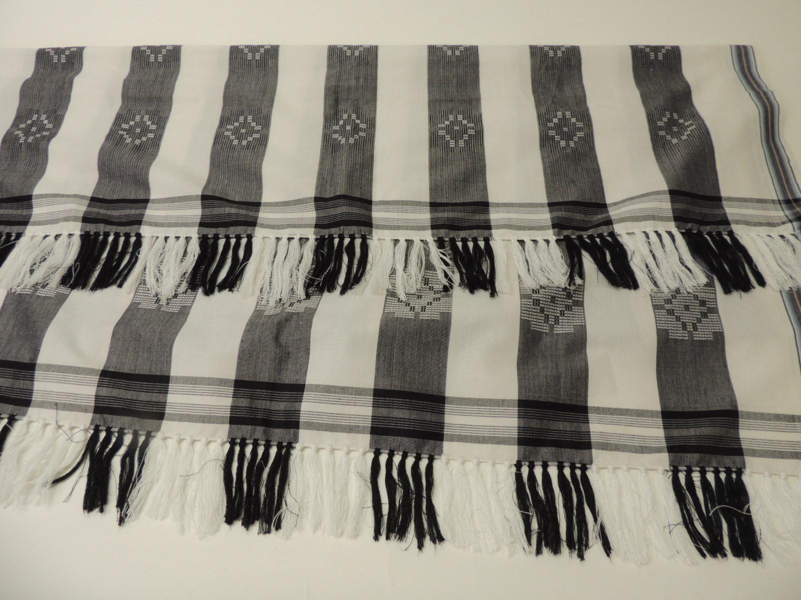 Hand-Crafted Dark Grey and White Stripe Textile with Hand Knotted Tassels