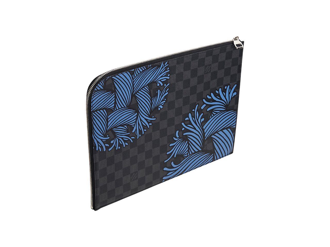 Product details:  Dark grey Icare damier coated canvas document pouch by Louis Vuitton.  Blue printed design.  Top zip closure.  Lined interior with inner slide pocket.  Silvertone hardware.  13