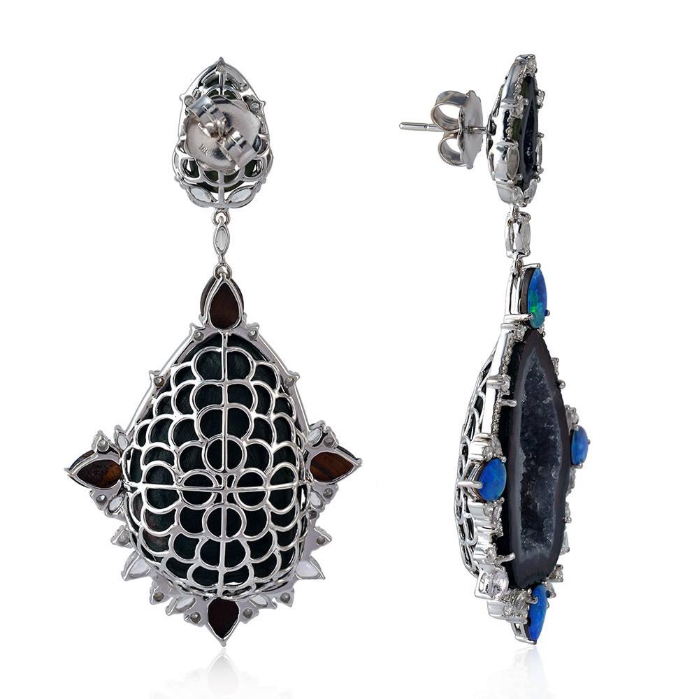 Modern Dark Grey Geode Earring with Diamonds and Opal Around