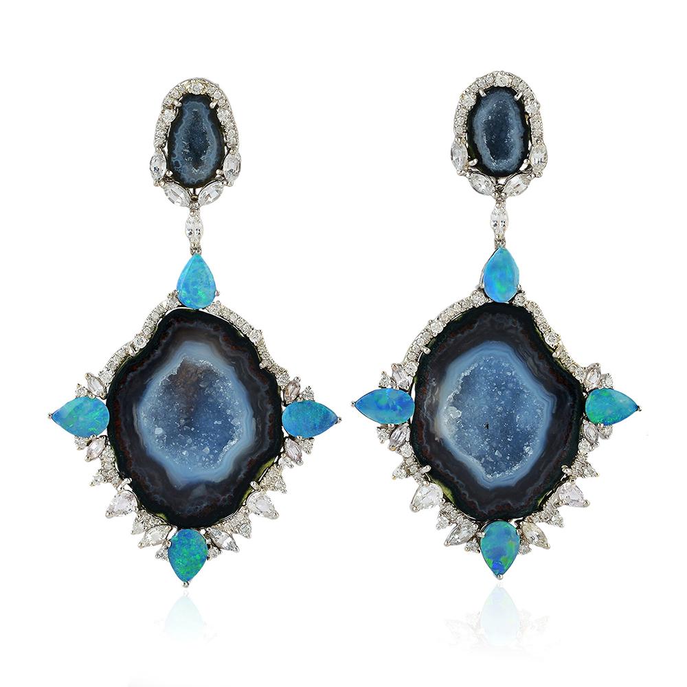 Dark Grey Geode Earring with Diamonds and Opal Around In New Condition In New York, NY