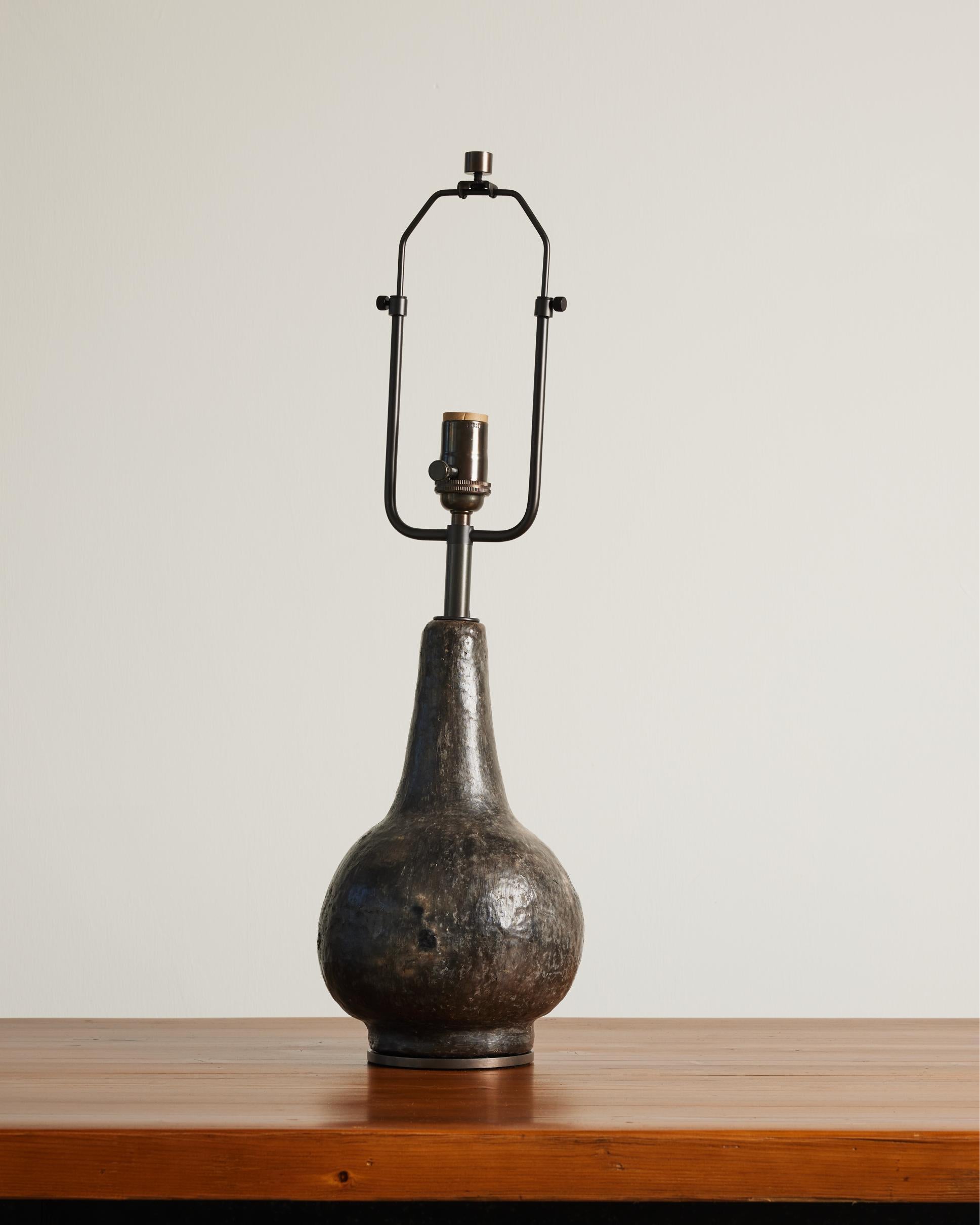 French Dark Grey Glazed Ceramic Table Lamp, France, 20th C For Sale