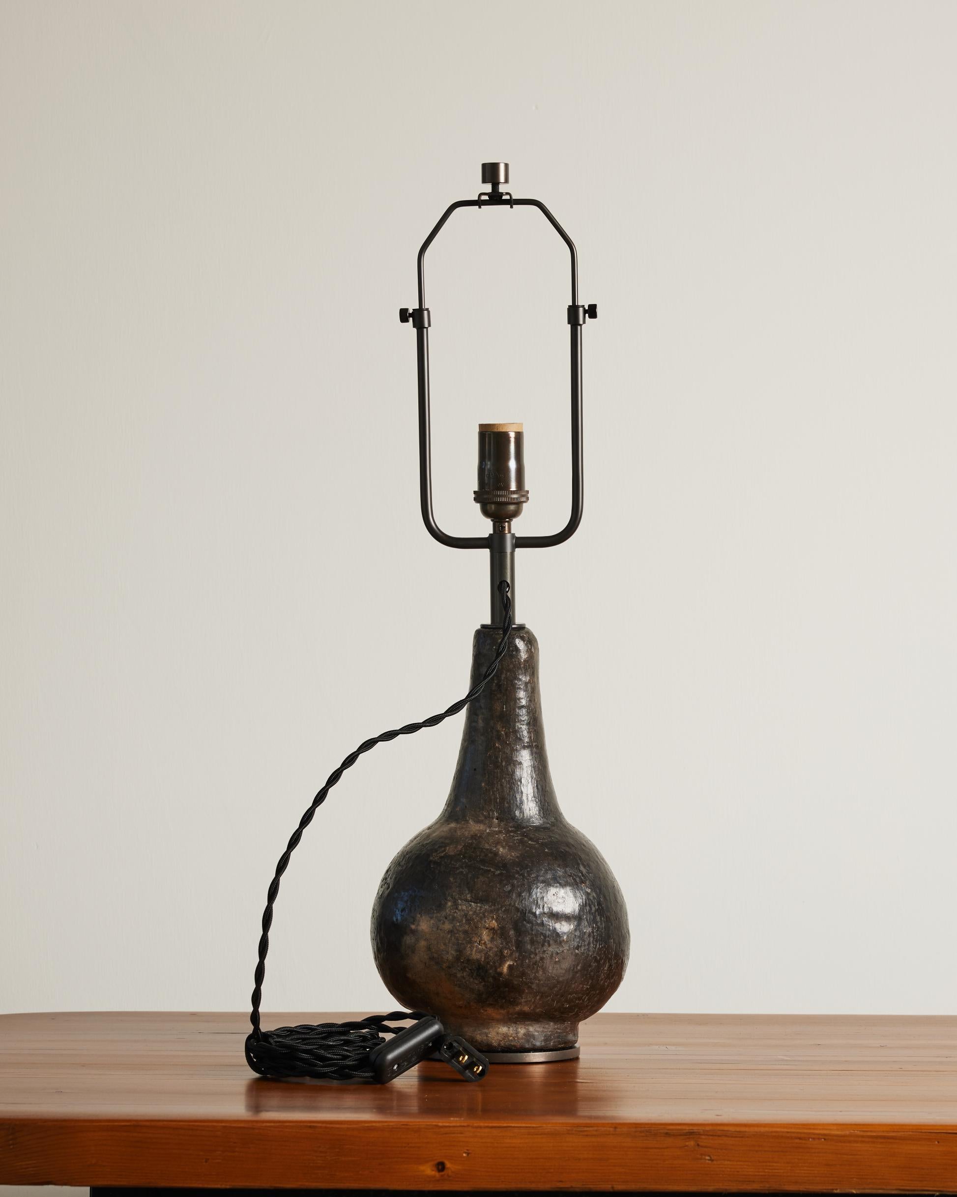 20th Century Dark Grey Glazed Ceramic Table Lamp, France, 20th C For Sale