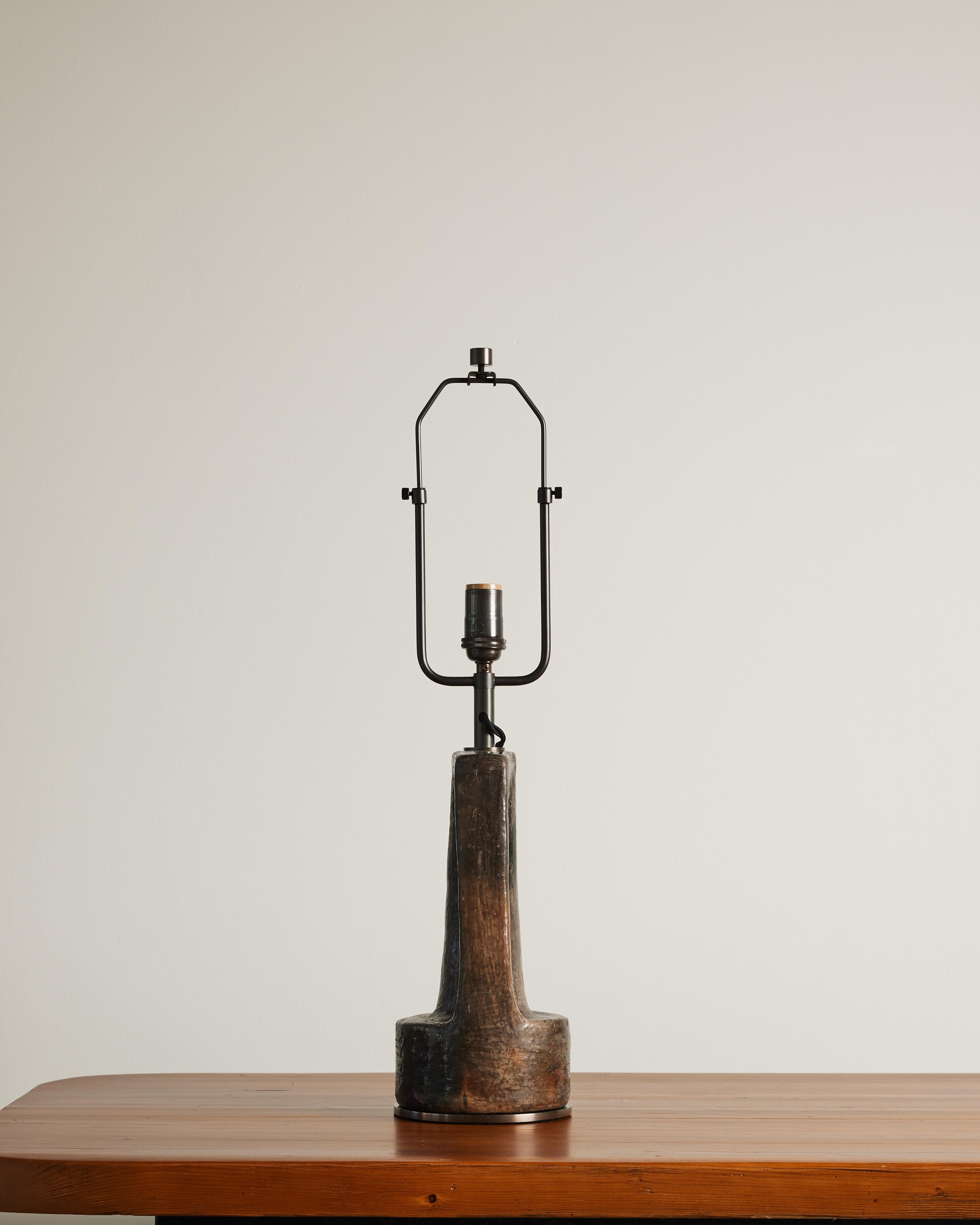 Bronze Dark Grey Glazed Ceramic Table Lamp, France, 20th C For Sale