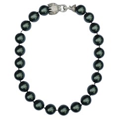 Dark Grey/Green Glass Bead Necklace with Silver Plated Pavé Panther Clasp