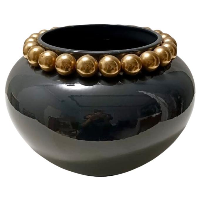 Dark Grey / Green Lacquered Ceramic Vase with Pure Gold Pearls, Italy