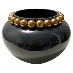 Dark Grey / Green Lacquered Ceramic Vase with Pure Gold Pearls, Italy