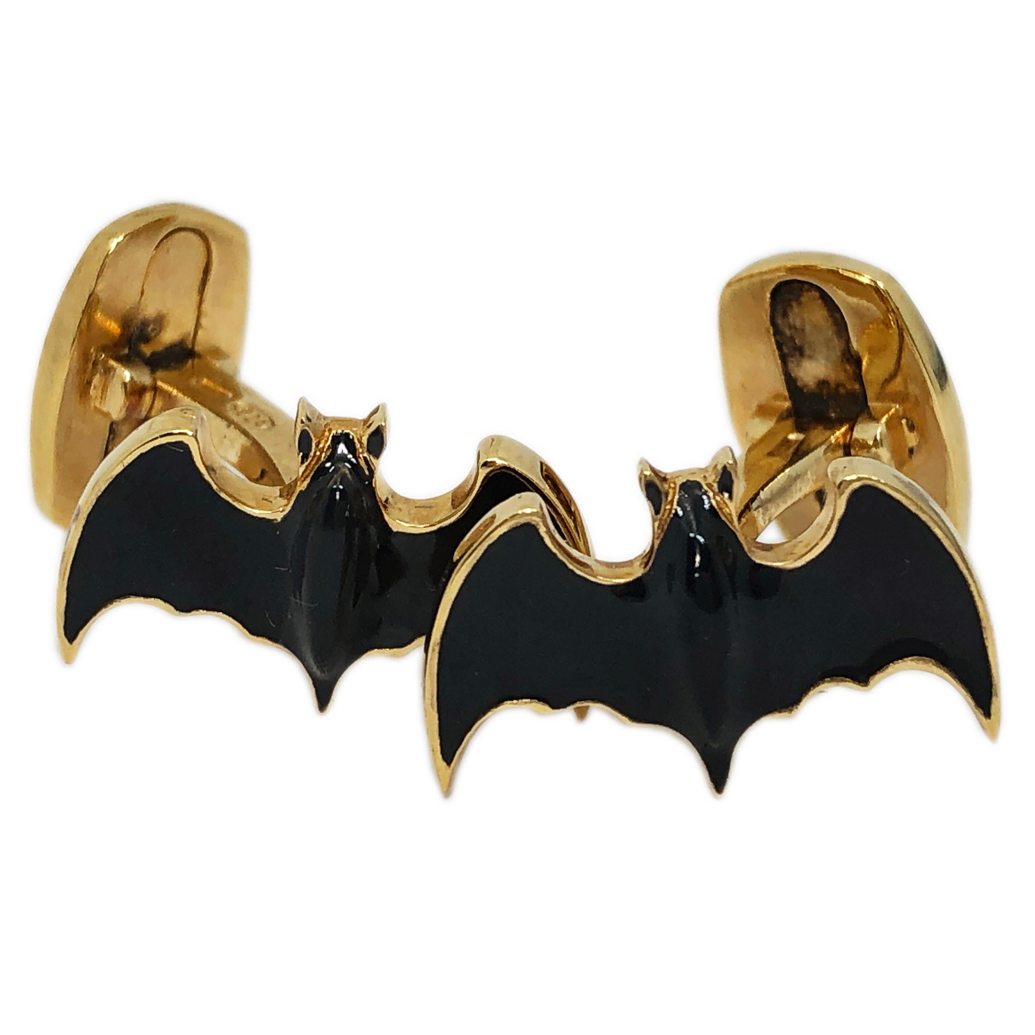 Berca Dark Grey Hand Enameled Bat Shaped Sterling Silver Gold-Plated Cufflinks 5