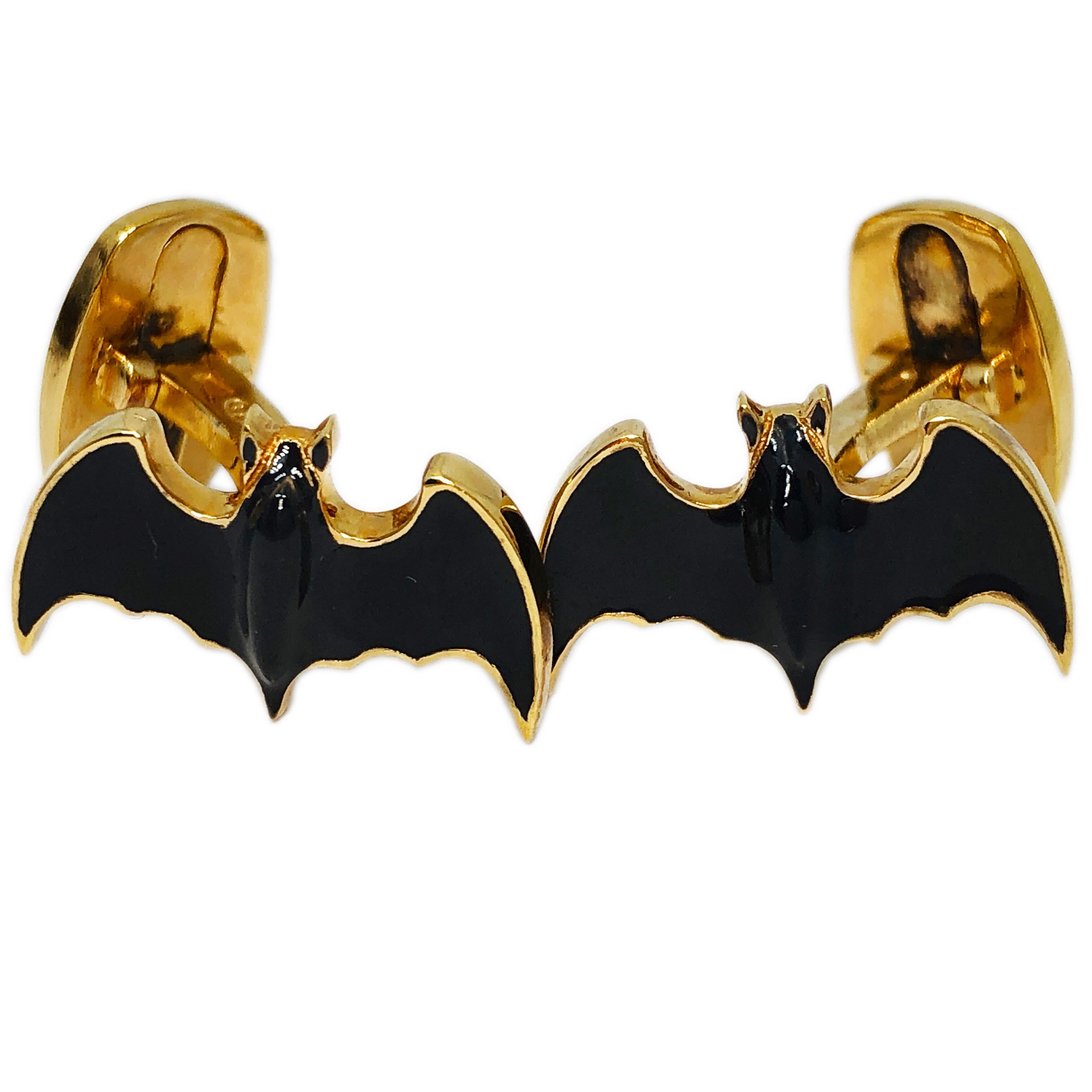 Contemporary Berca Dark Grey Hand Enameled Bat Shaped Sterling Silver Gold-Plated Cufflinks