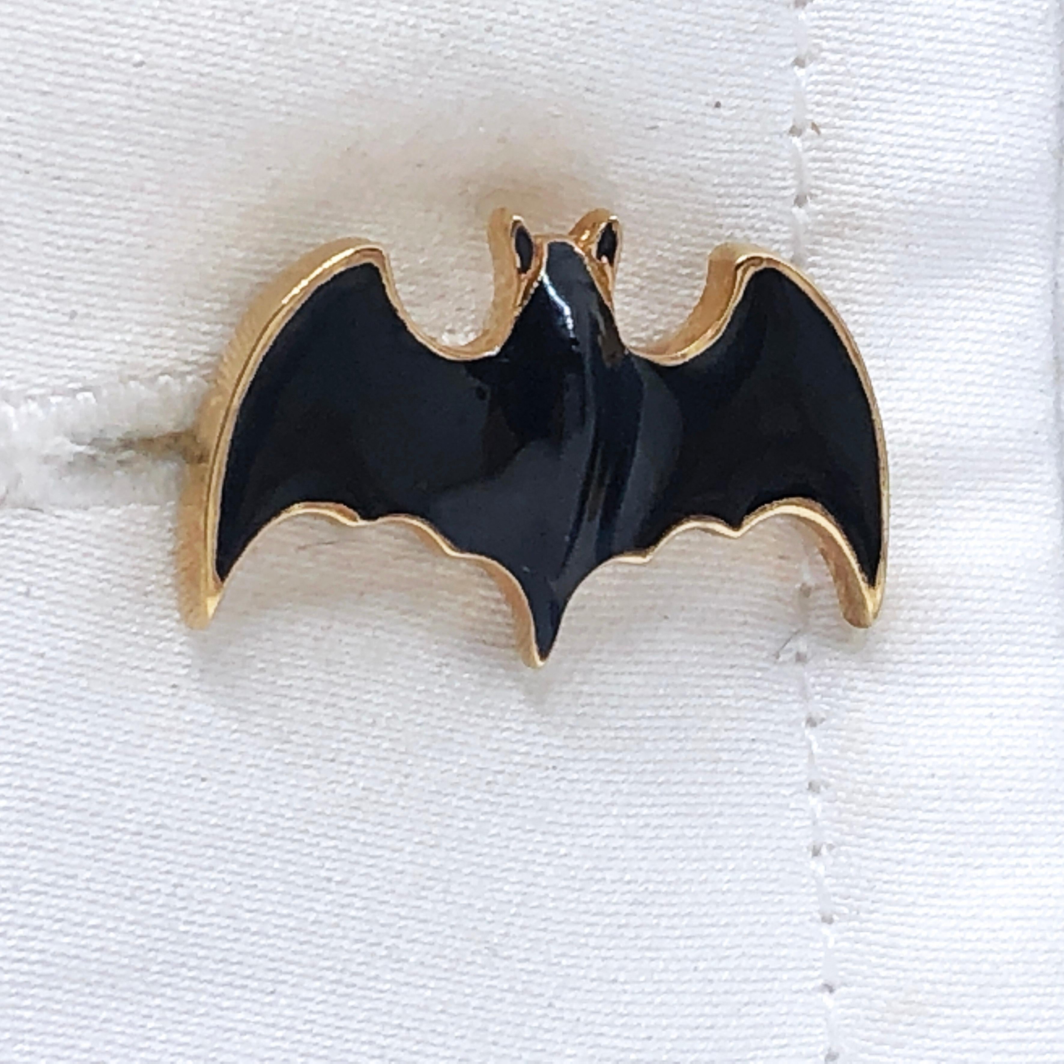 Berca Dark Grey Hand Enameled Bat Shaped Sterling Silver Gold-Plated Cufflinks 2
