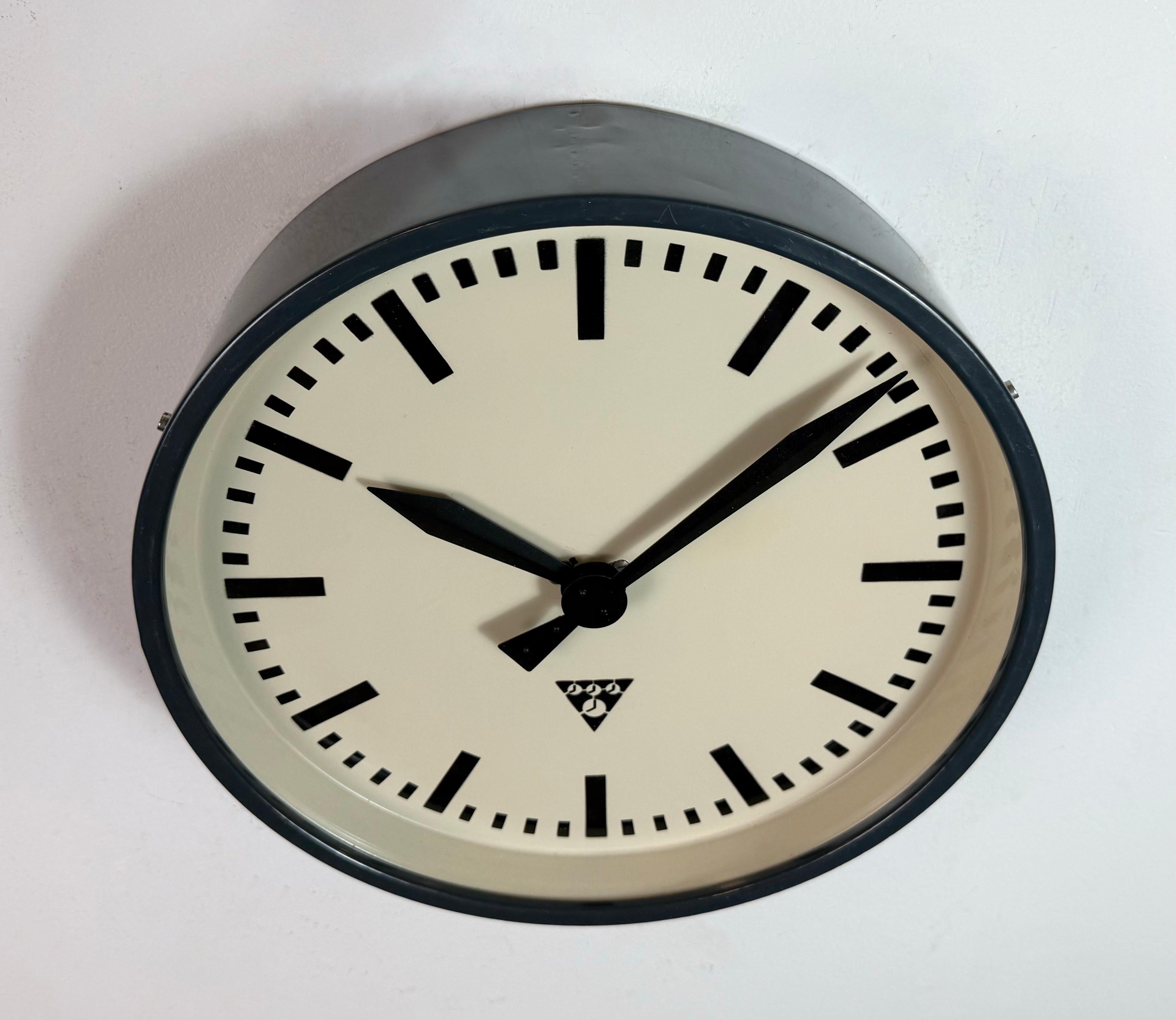 Glass Dark Grey Industrial Factory Wall Clock from Pragotron, 1960s For Sale