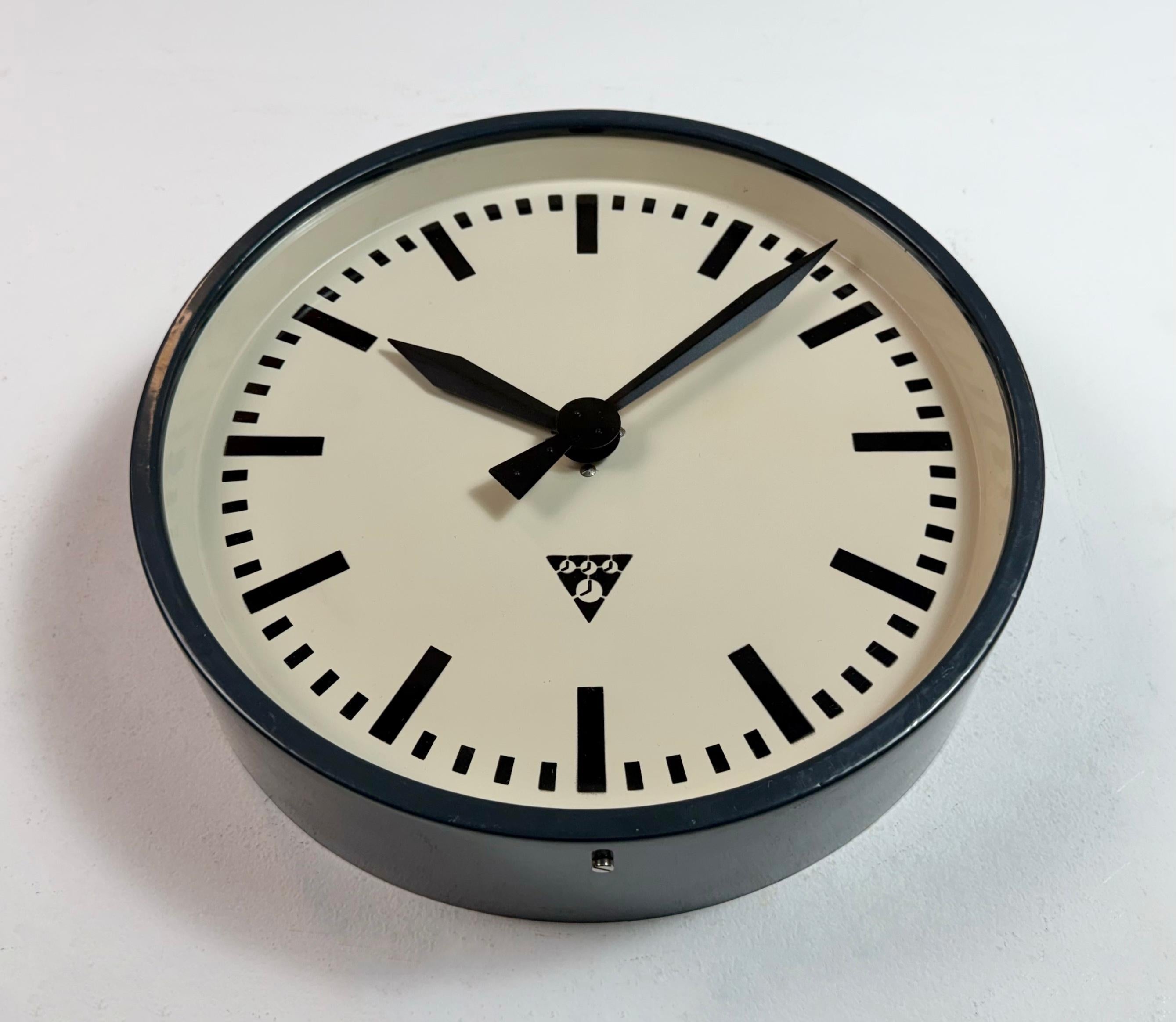 Dark Grey Industrial Factory Wall Clock from Pragotron, 1960s For Sale 1