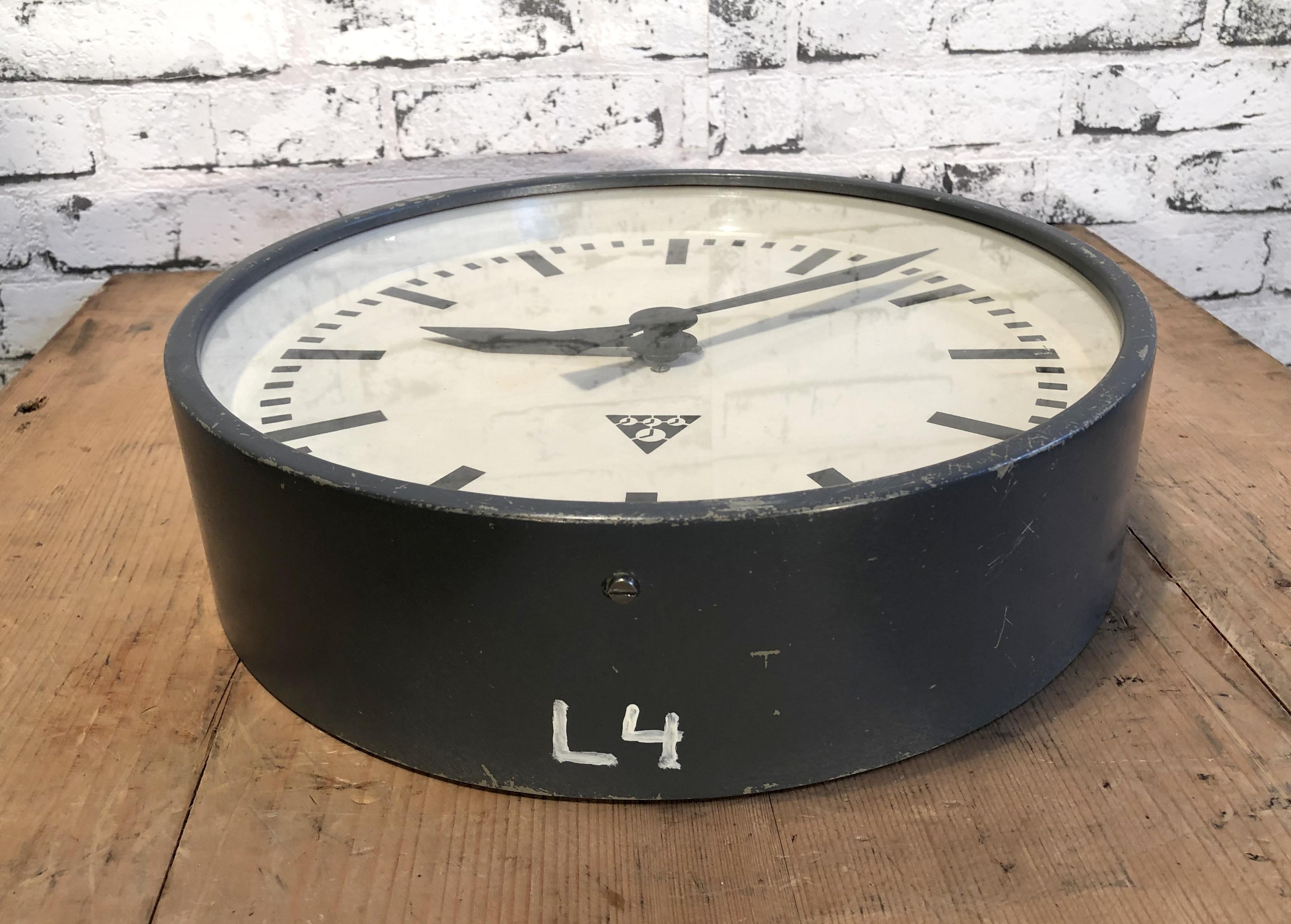 Lacquered Dark Grey Industrial Wall Clock From Pragotron, 1960s