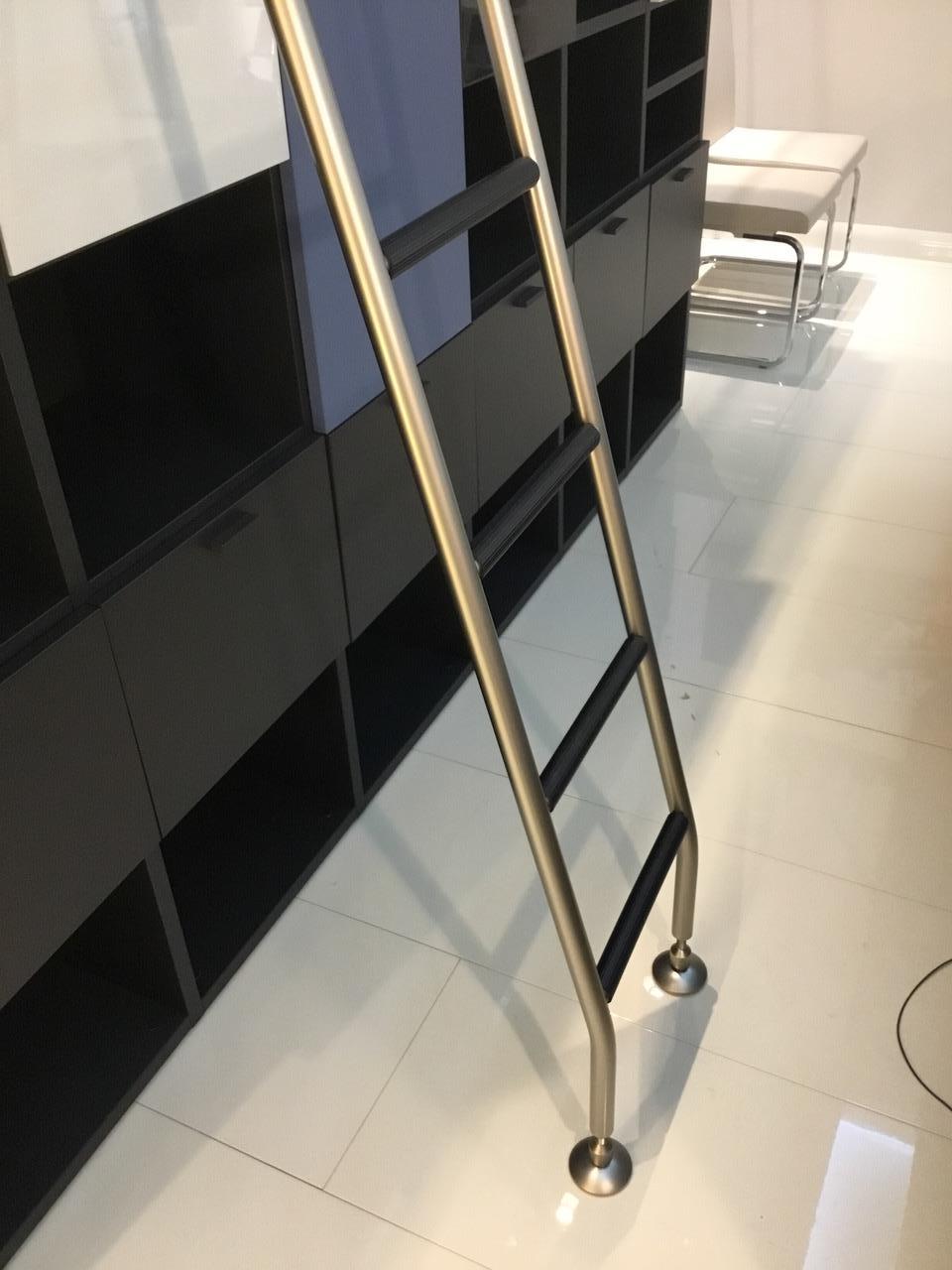 Dark Grey Lacquered Bookcase with Open and Closed Storage and Ladder 2