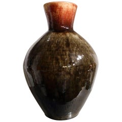 Vintage Dark Grey Red Orange Glaze Baluster Vase by Accolay Pottery, France, circa 1950