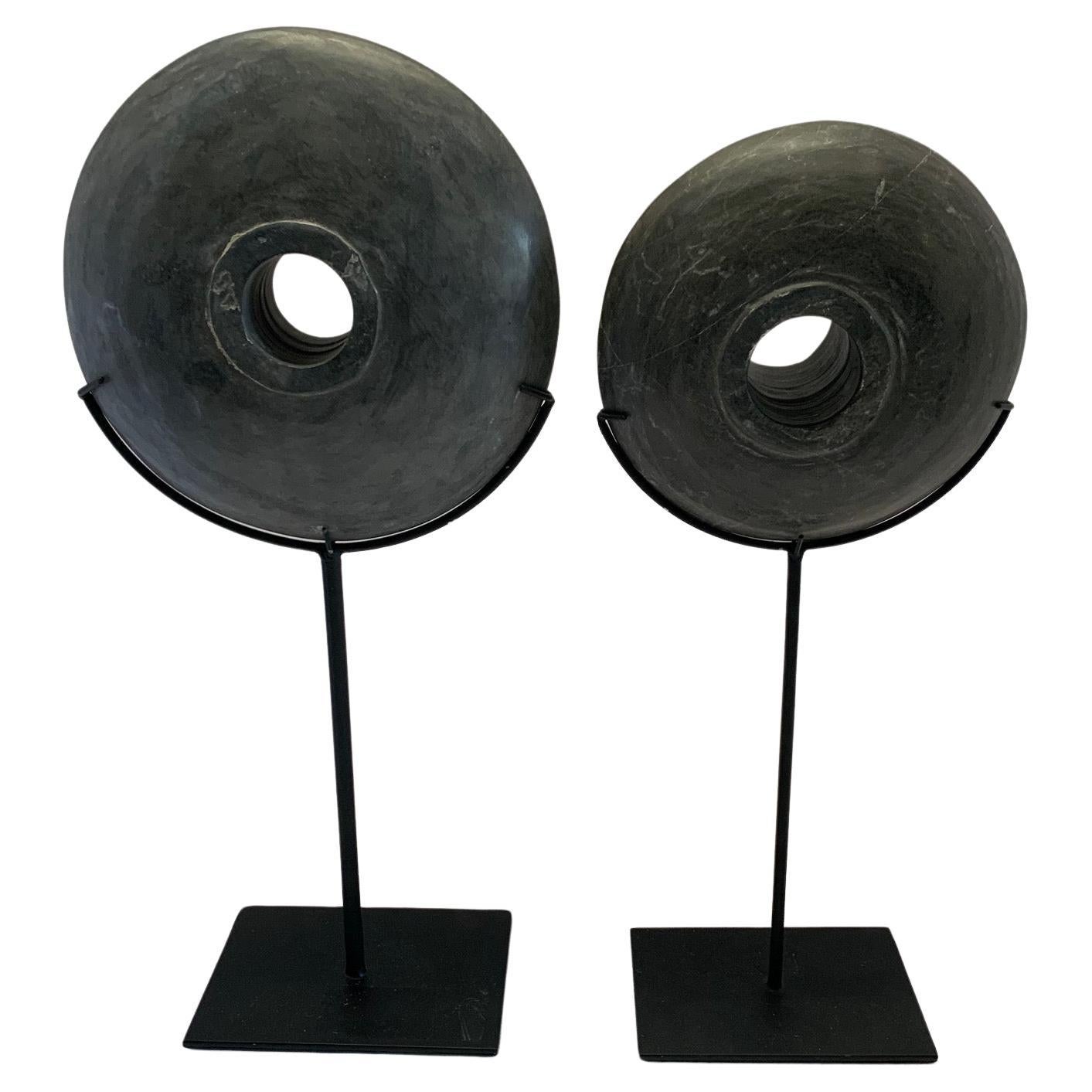 Dark Grey Set Of Two Smooth Stone Megalith Discs On Stands, China, Contemporary