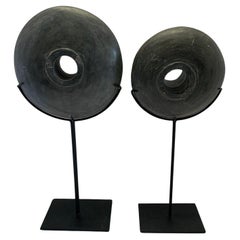 Dark Grey Set Of Two Smooth Stone Megalith Discs On Stands, China, Contemporary