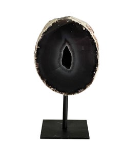 Dark Grey Thick Slice of Agate Sculpture on Stand, Brazil, Prehistoric