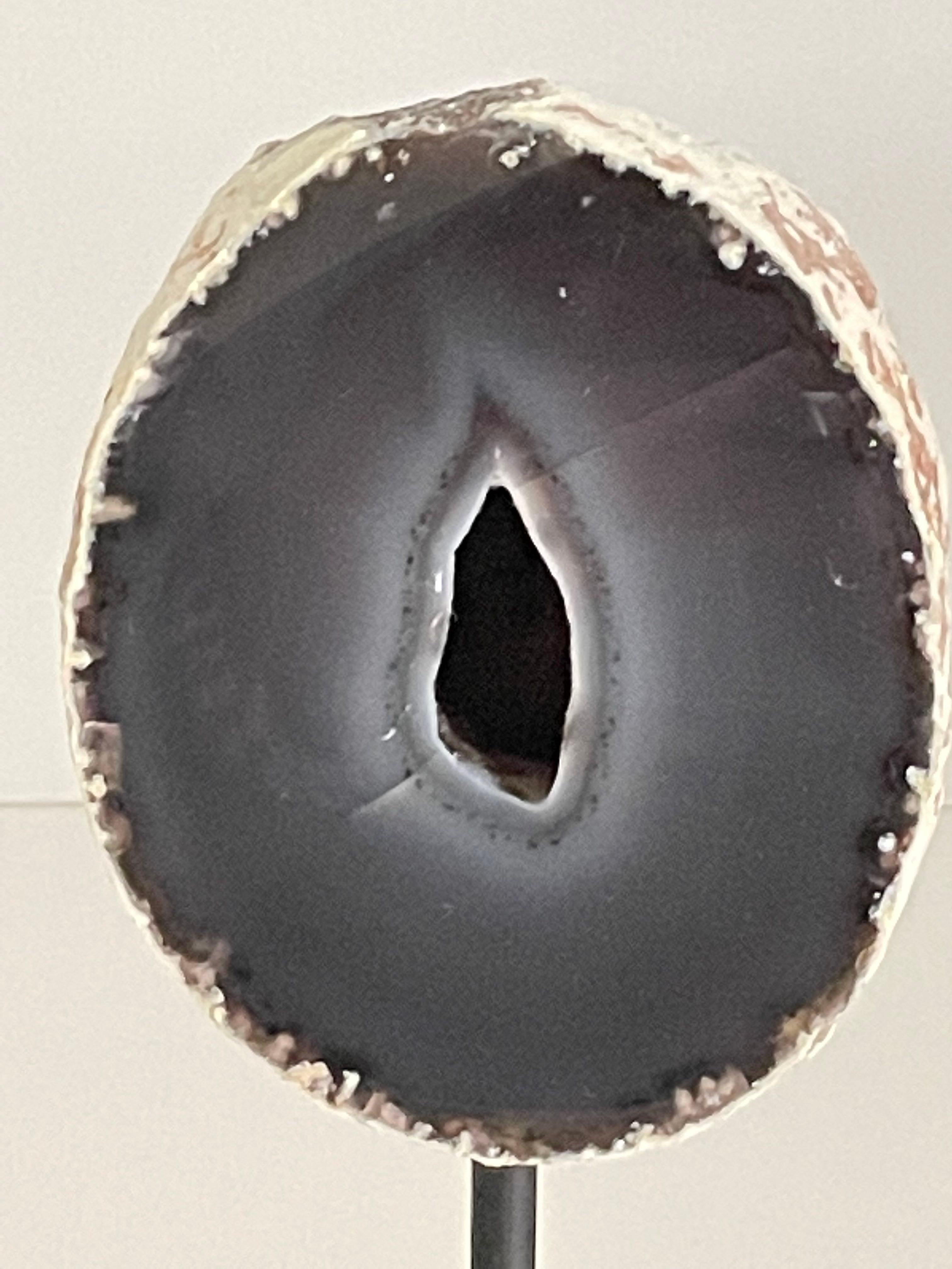 Brazilian Dark Grey Thick Slice of Agate Sculpture on Stand, Brazil, Prehistoric For Sale