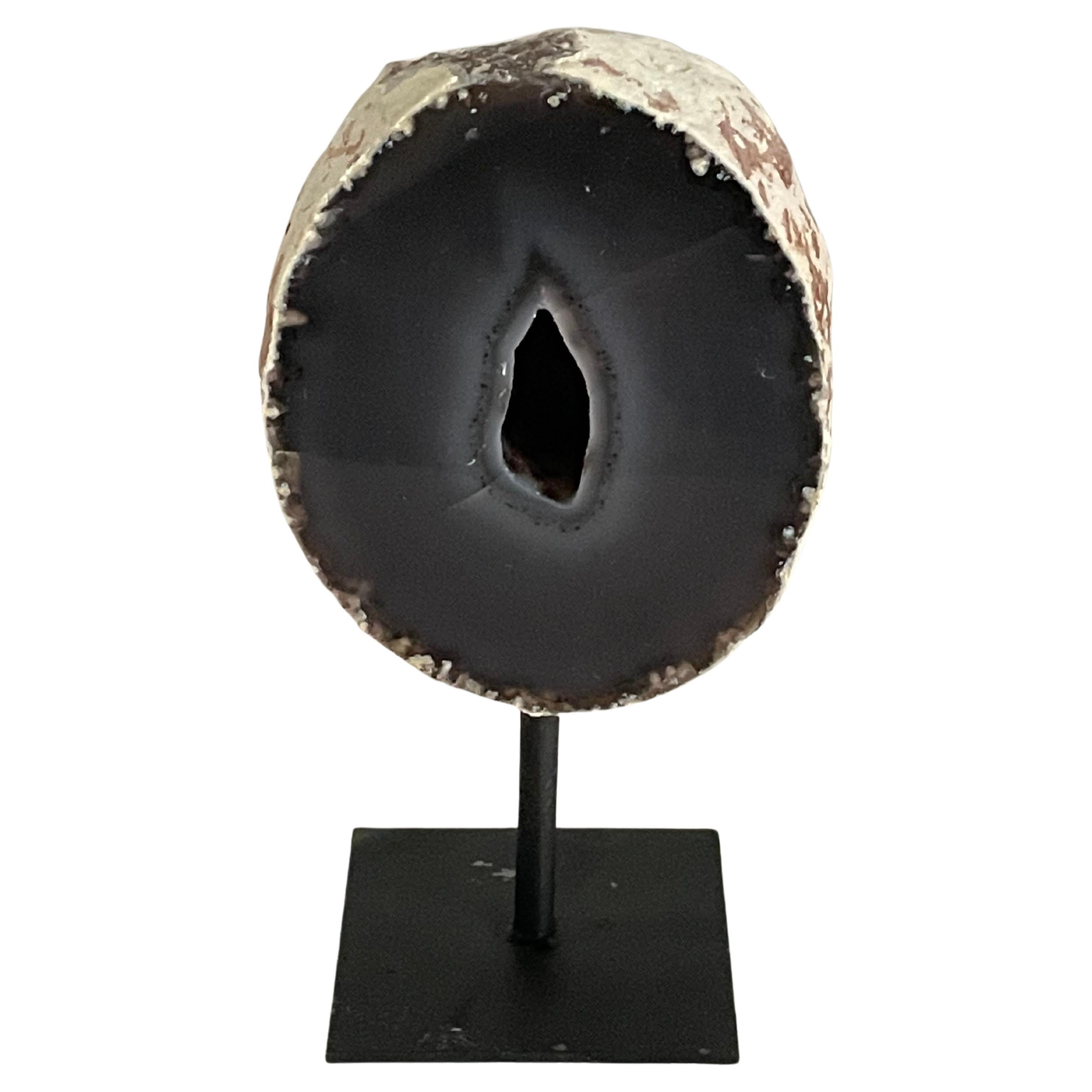 Dark Grey Thick Slice of Agate Sculpture on Stand, Brazil, Prehistoric For Sale