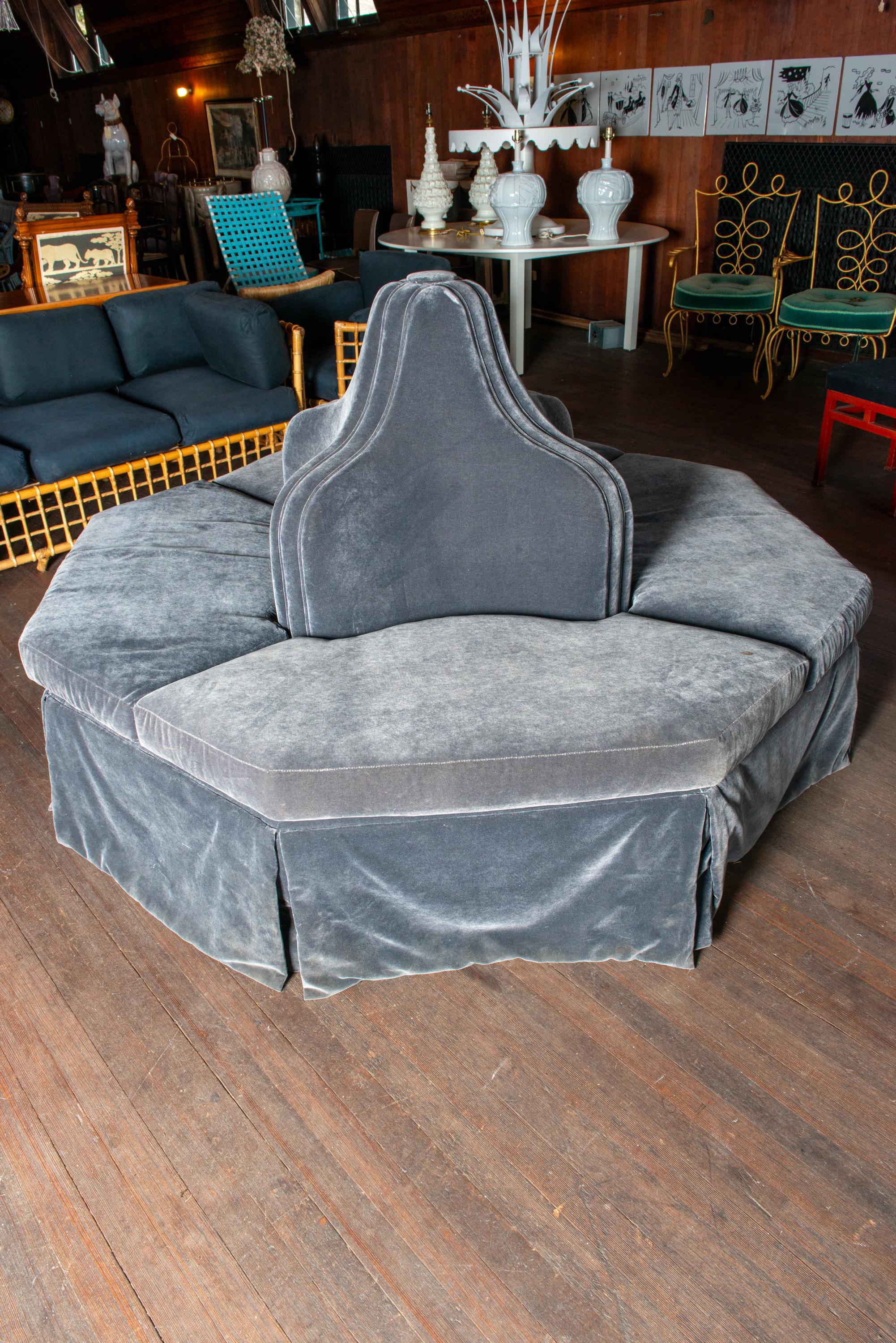 Dark Grey Velvet Bourne, Round Sofa In Good Condition For Sale In Stamford, CT