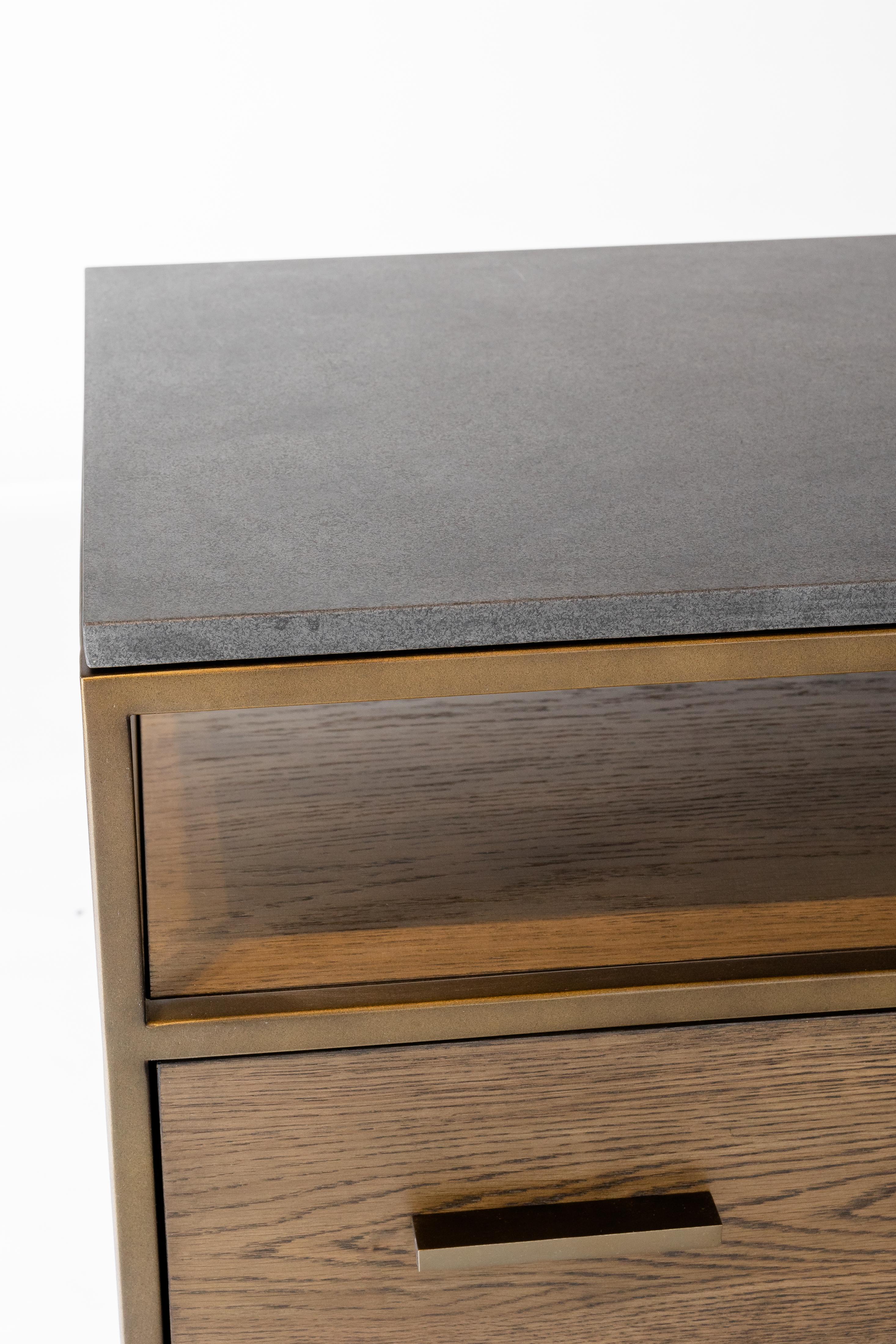 Contemporary Dark Hazel Cabinet with Rubbed Bronze Hardware and Stone Top