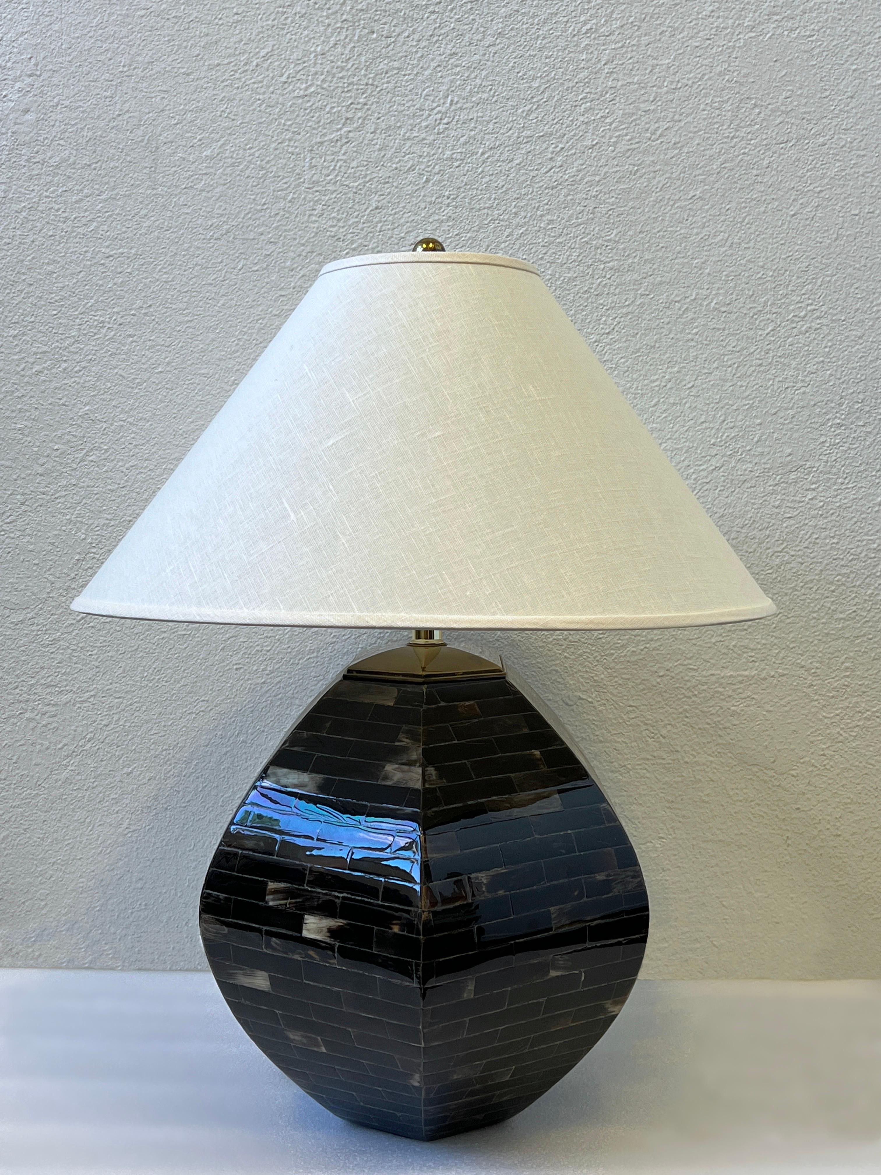 Modern Dark Horn and Brass Oval Hexagonal Shape Table Lamp by Enrique Garcel For Sale
