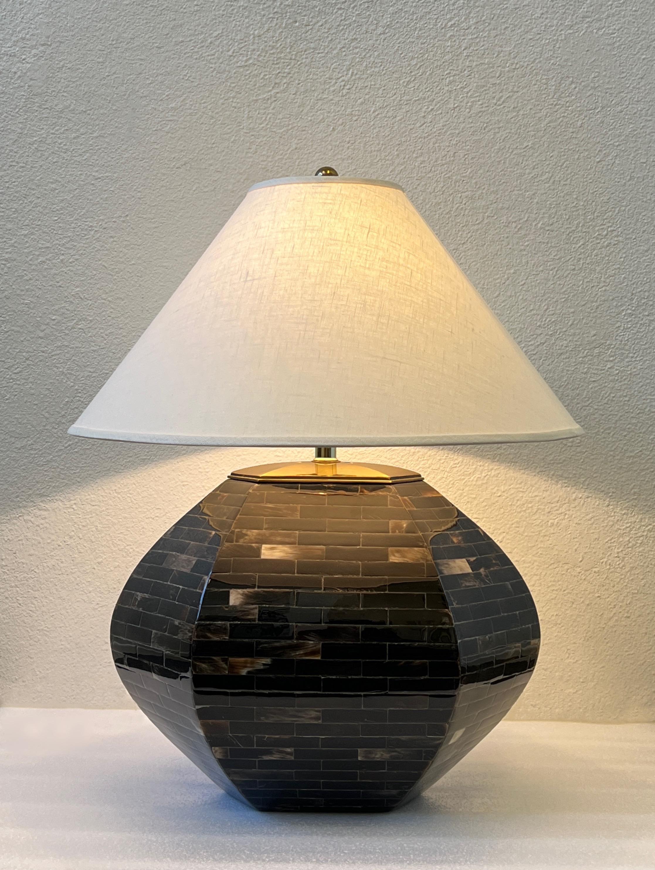 Linen Dark Horn and Brass Oval Hexagonal Shape Table Lamp by Enrique Garcel For Sale