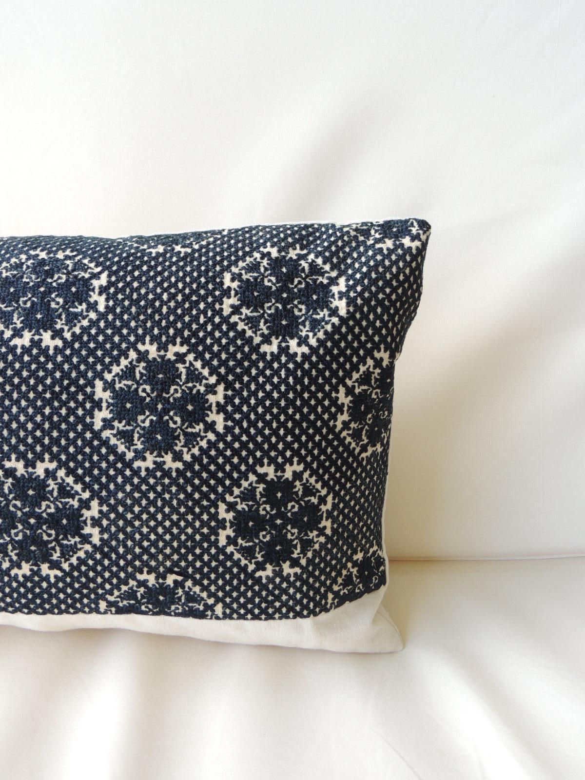Moorish Dark Indigo Embroidery Fez Antique Textile Bolster Decorative Pillow