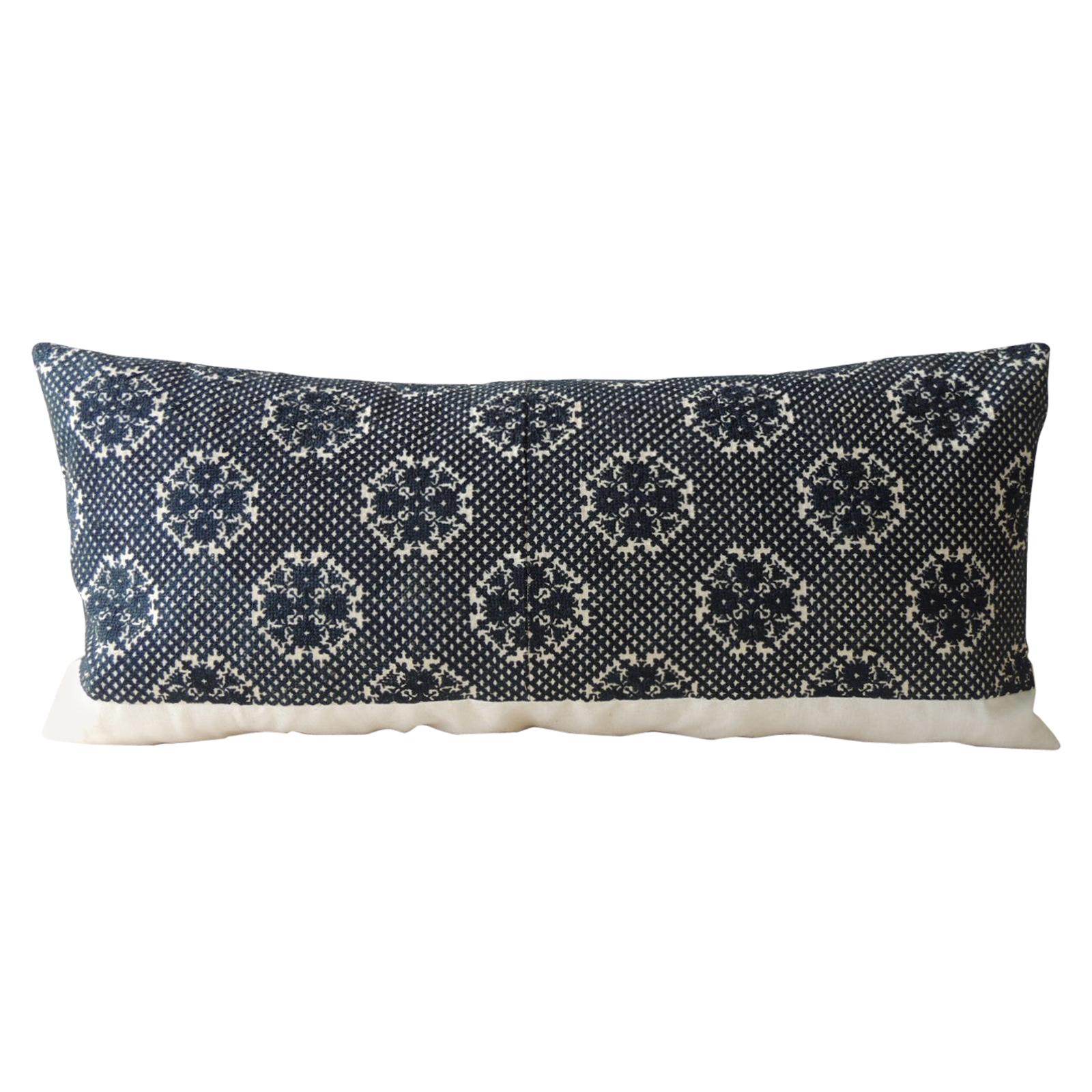 Dark Indigo Embroidery Fez Antique Textile Bolster Decorative Pillow