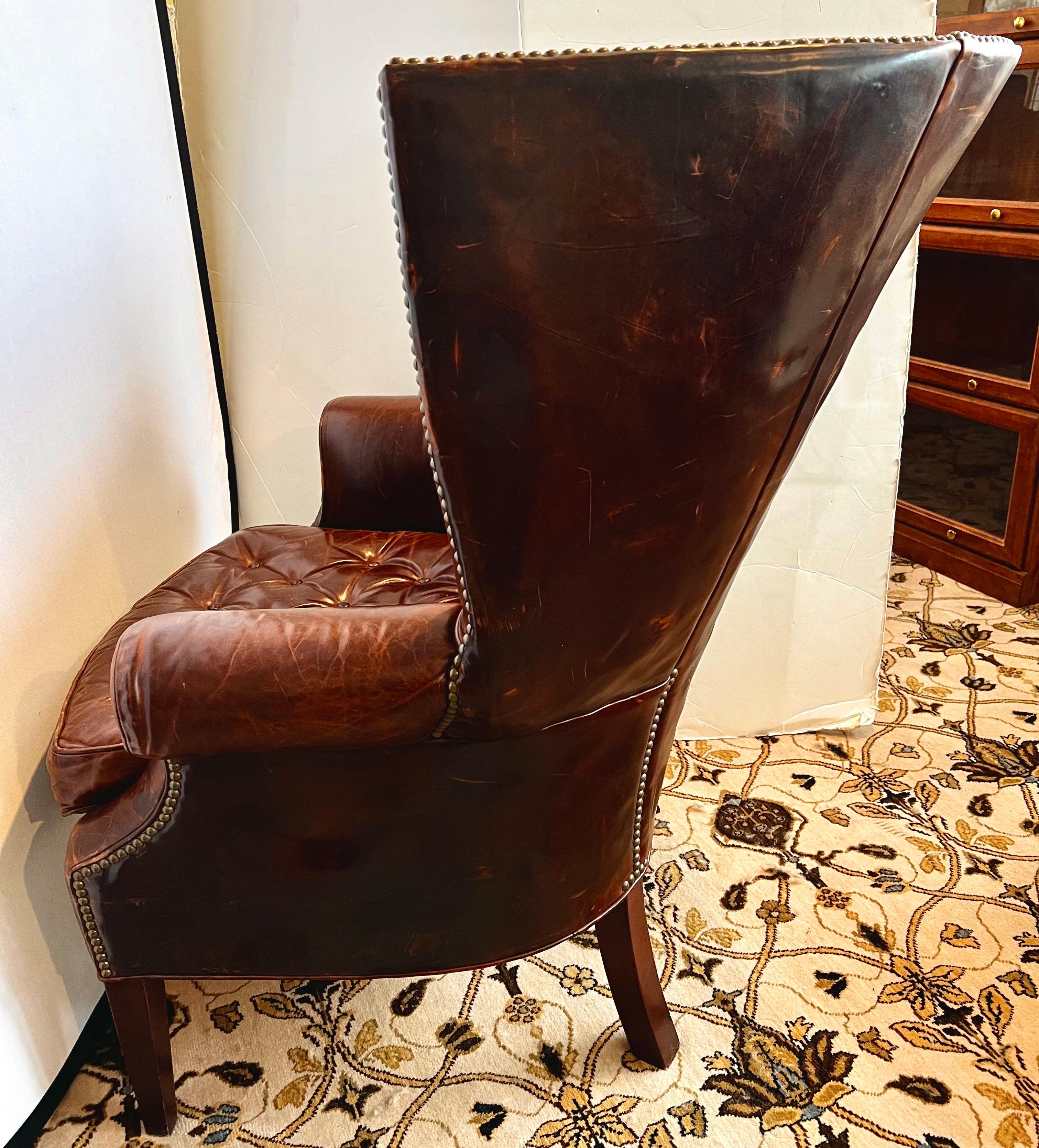 Dark Leather Wingback Chesterfield Tufted Chair and Ottoman Combo Great Patina 6