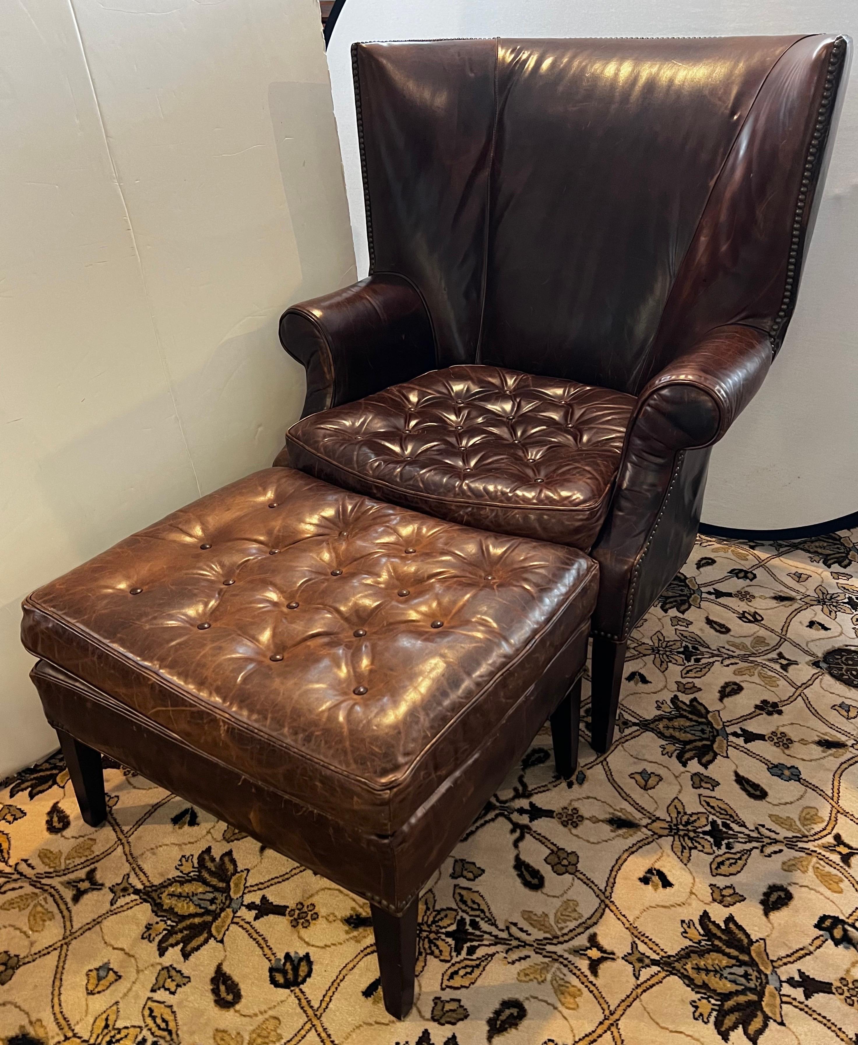 Dark Leather Wingback Chesterfield Tufted Chair and Ottoman Combo Great Patina For Sale 12