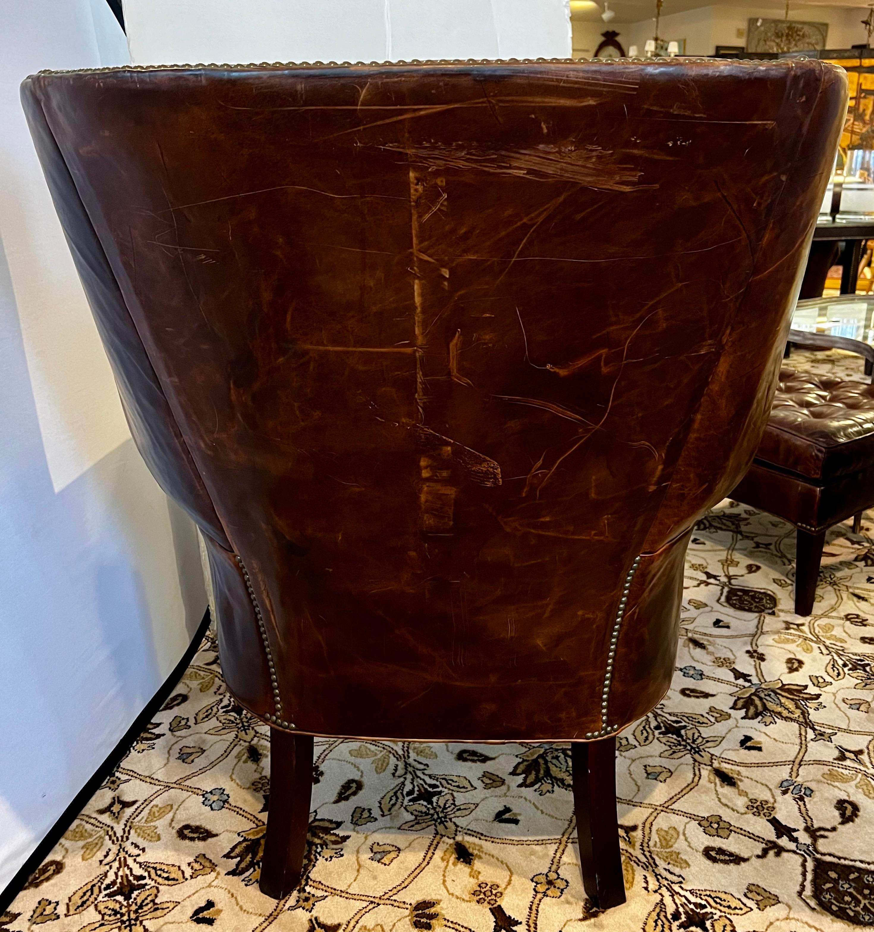 Dark Leather Wingback Chesterfield Tufted Chair and Ottoman Combo Great Patina In Good Condition For Sale In West Hartford, CT