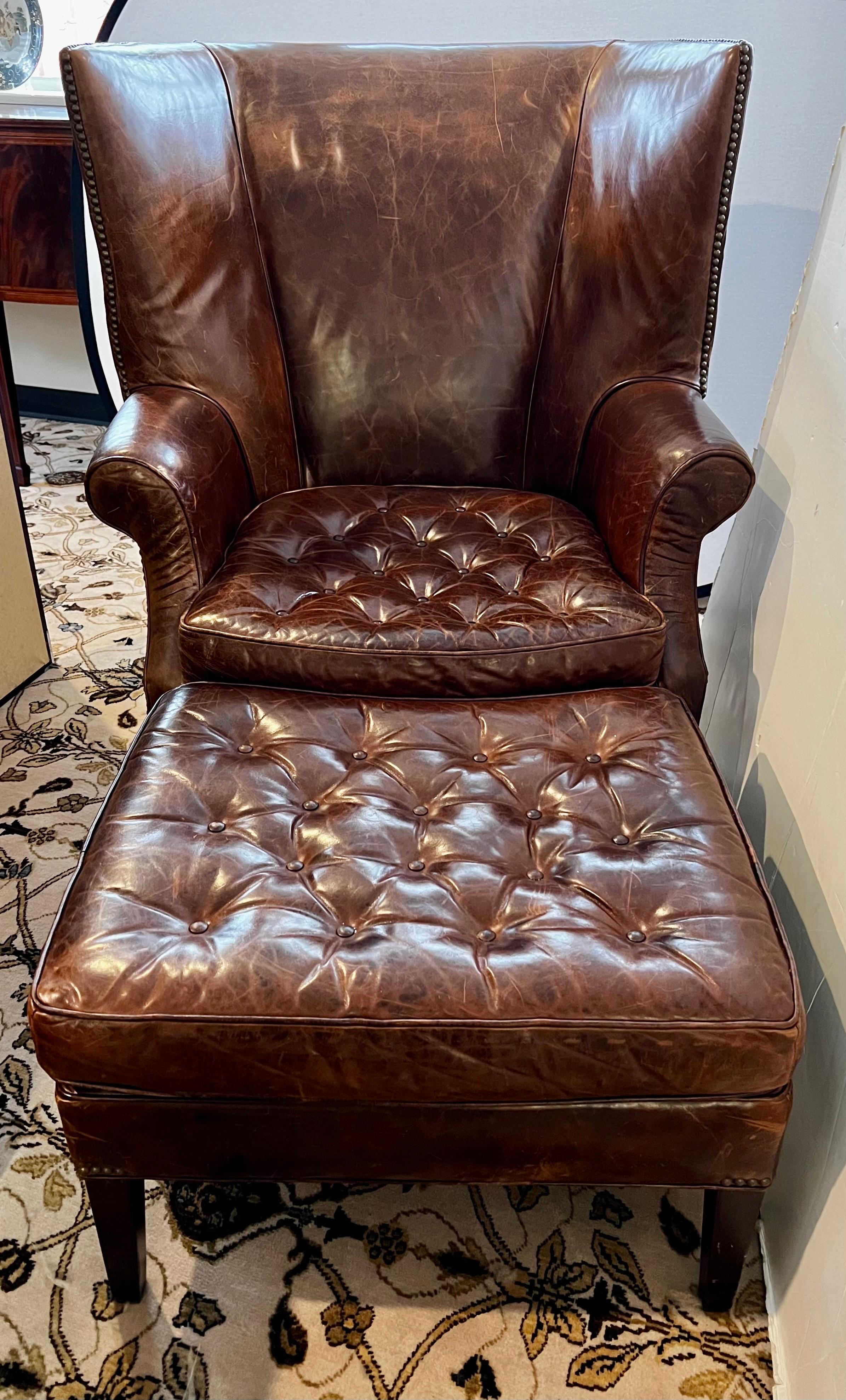 Dark Leather Wingback Chesterfield Tufted Chair and Ottoman Combo Great Patina For Sale 1