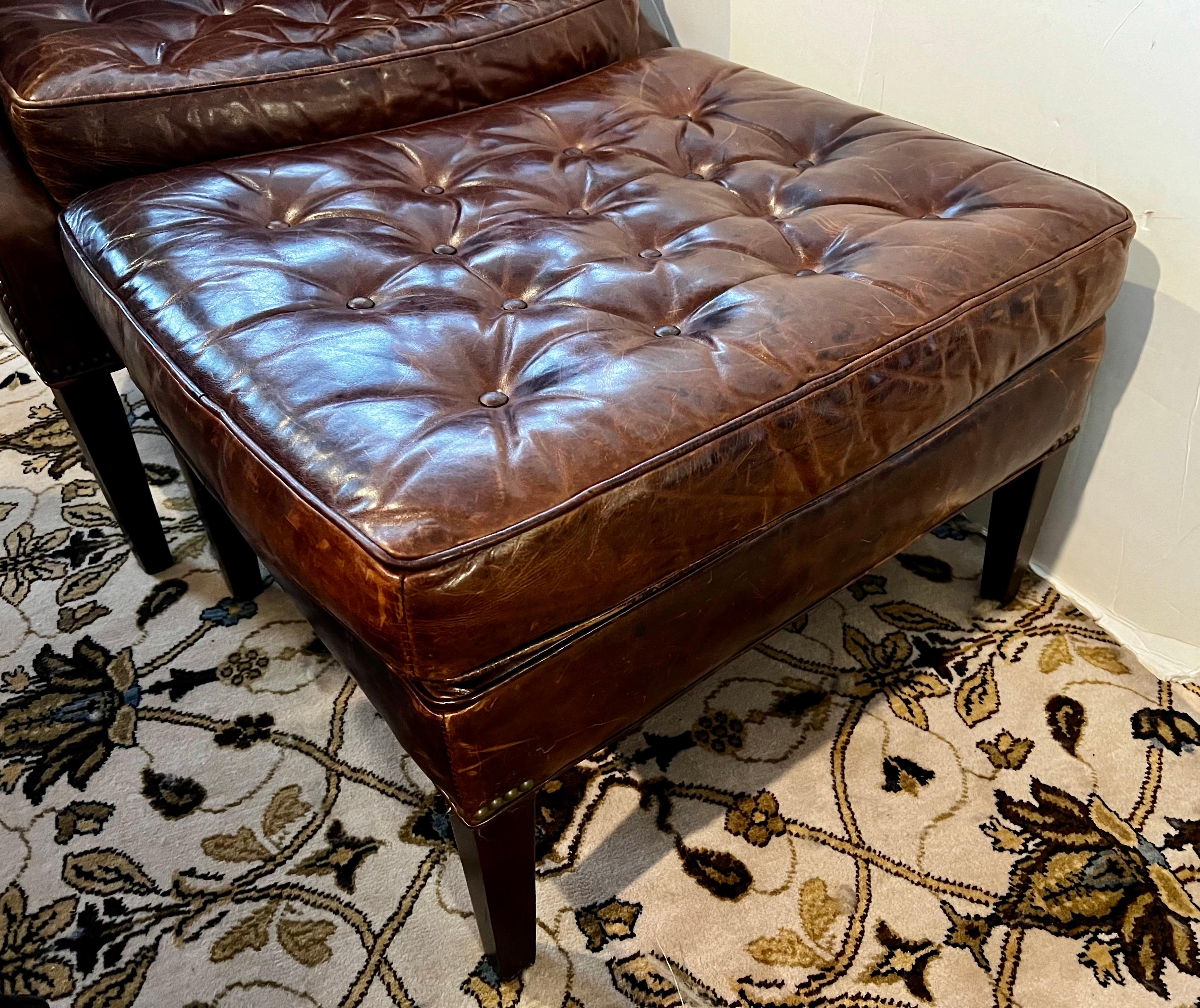 Dark Leather Wingback Chesterfield Tufted Chair and Ottoman Combo Great Patina 2