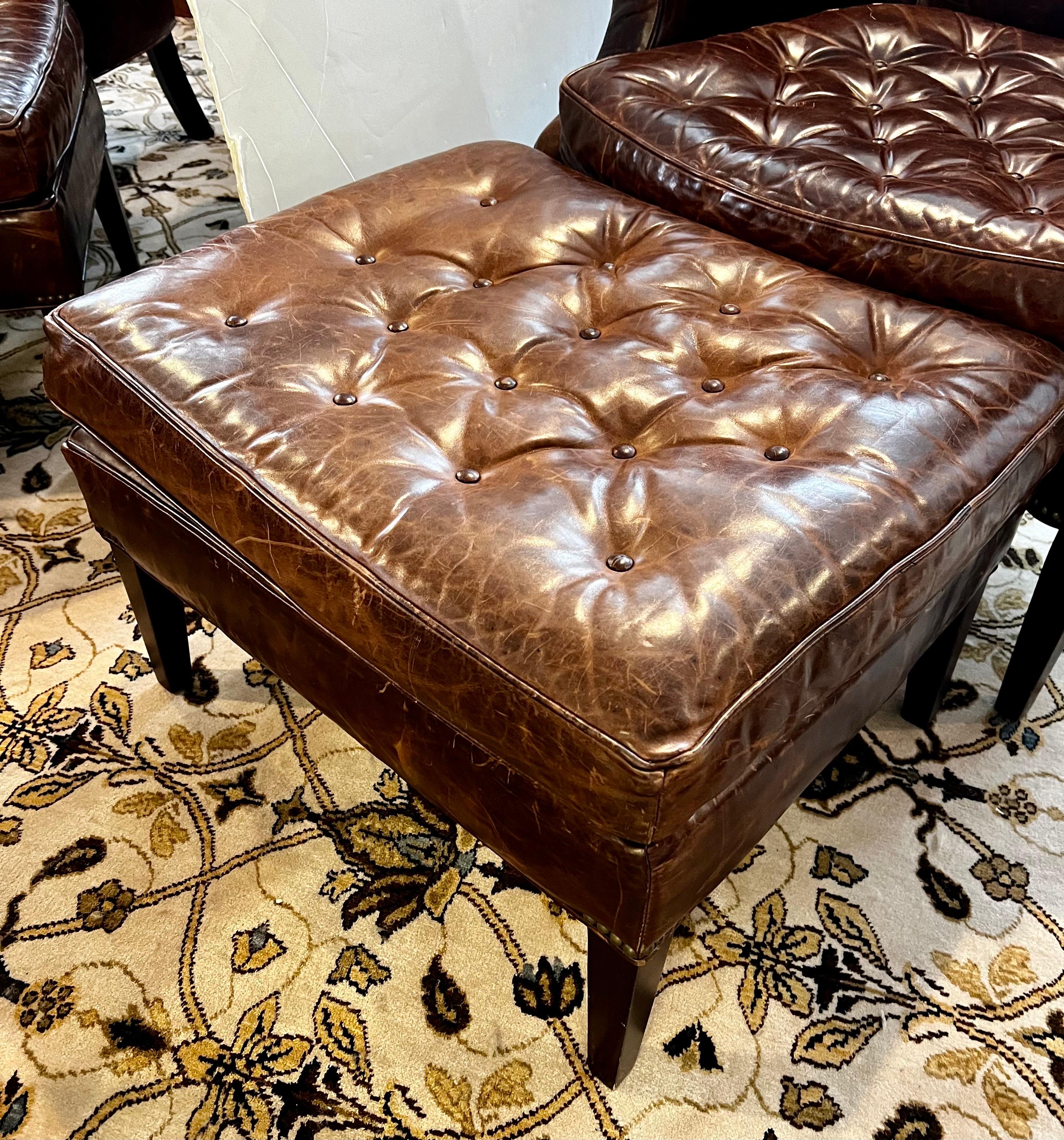 Dark Leather Wingback Chesterfield Tufted Chair and Ottoman Combo Great Patina For Sale 4