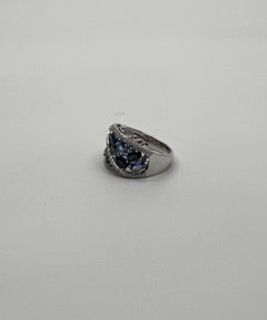 Dark Light Hue Blue Sapphire Cluster Diamond Pave 14K White Gold Band Ring