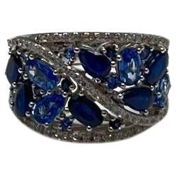 Dark Light Hue Blue Sapphire Cluster Diamond Pave 14K White Gold Band Ring For Sale