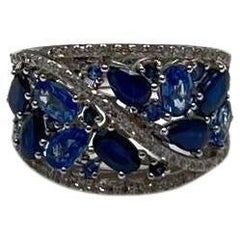 Dark Light Hue Blue Sapphire Cluster Diamond Pave 14K White Gold Band Ring