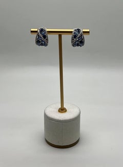Dark Light Hue Blue Sapphire Cluster Diamonds Pave White Gold Huggie Earrings