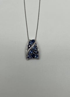 Dark Light Hue Blue Sapphire Cluster Diamonds Pave White Gold Pendant Necklace