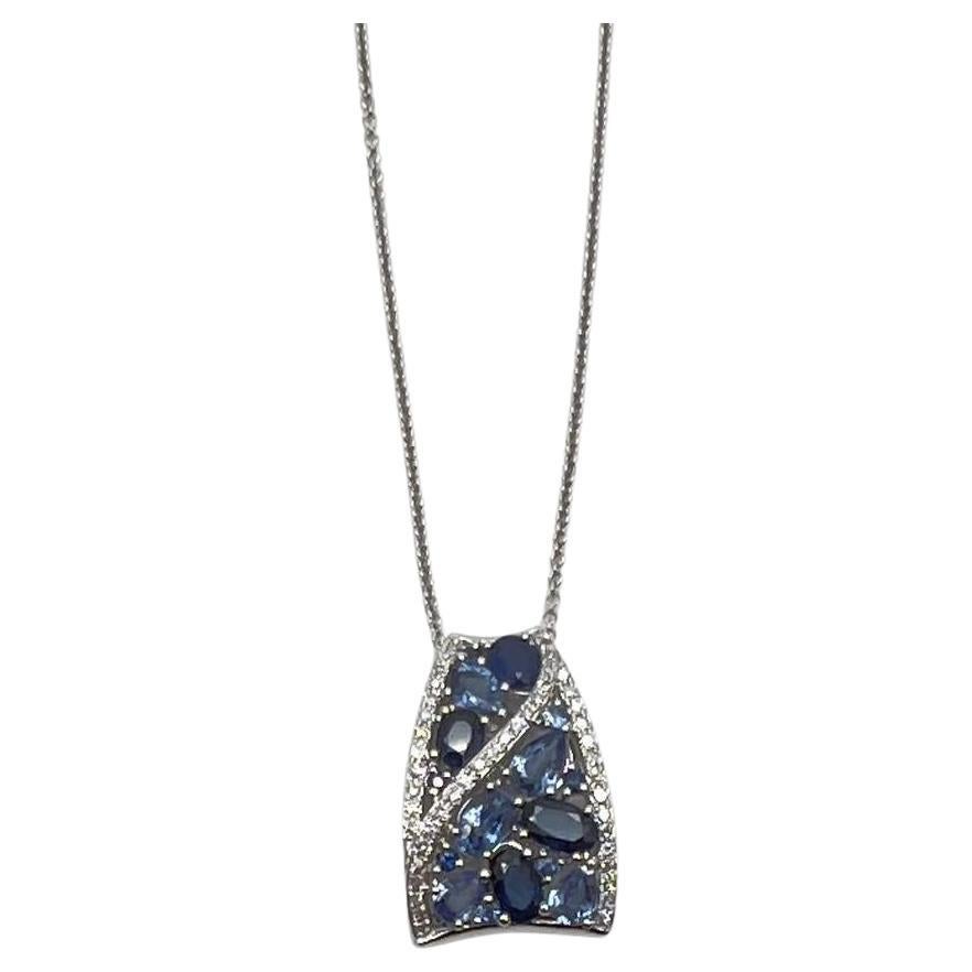 Dark Light Hue Blue Sapphire Cluster Diamonds Pave White Gold Pendant Necklace